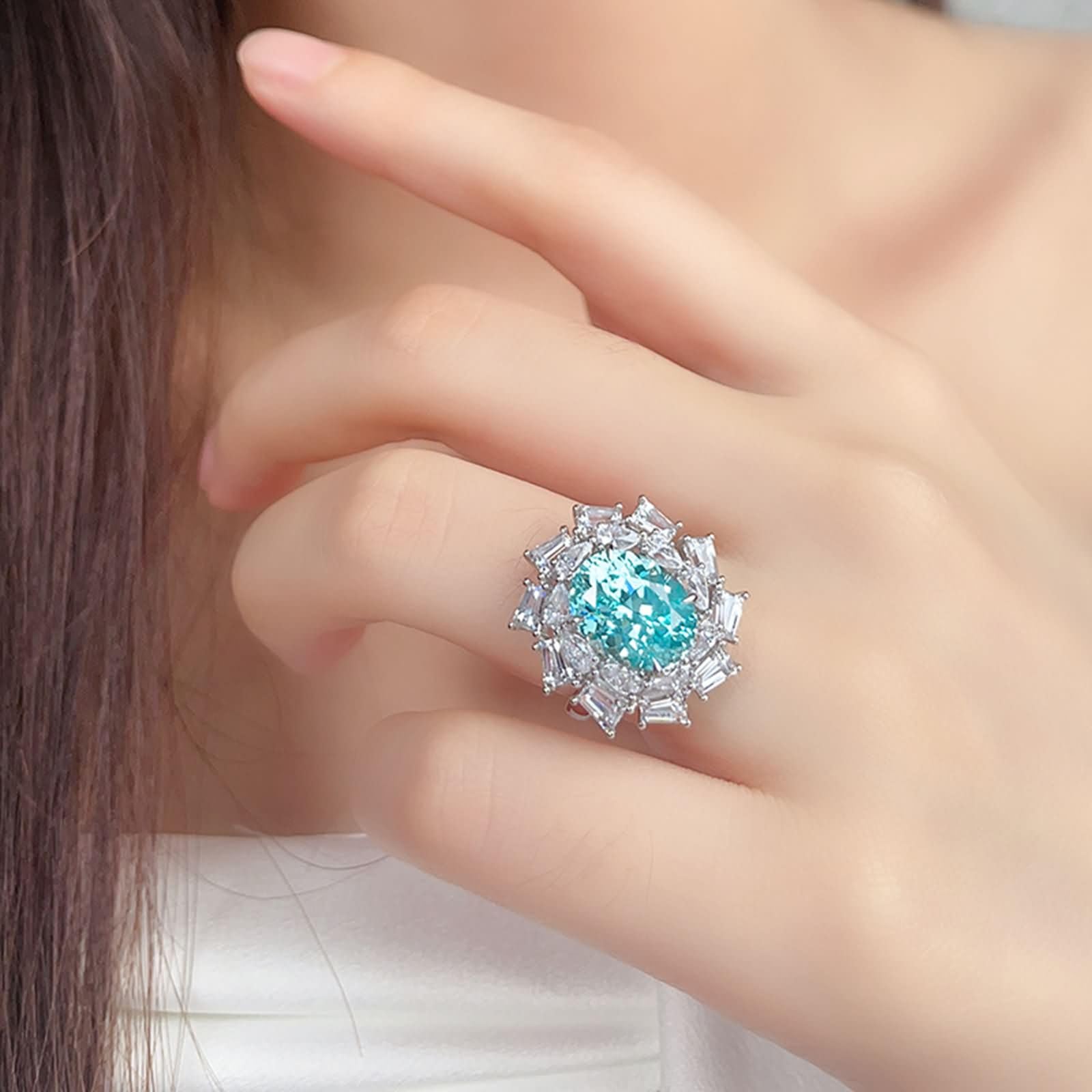 Damskie obrączki ślubne z białego złota 9K / 14K / 18K, kwiat i owal ze sztucznym turmalinem Paraiba 6,35 karata i moissanit, pierścionek damski, pierścionek zaręczynowy, srebrny, morski