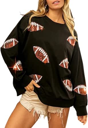 Womens Sequin Rugby Sweatshirt Game Day Y2K Sparkle Football Tassel Shirt Long Sleeve Crewneck Oversized Pullover Top P 45832352