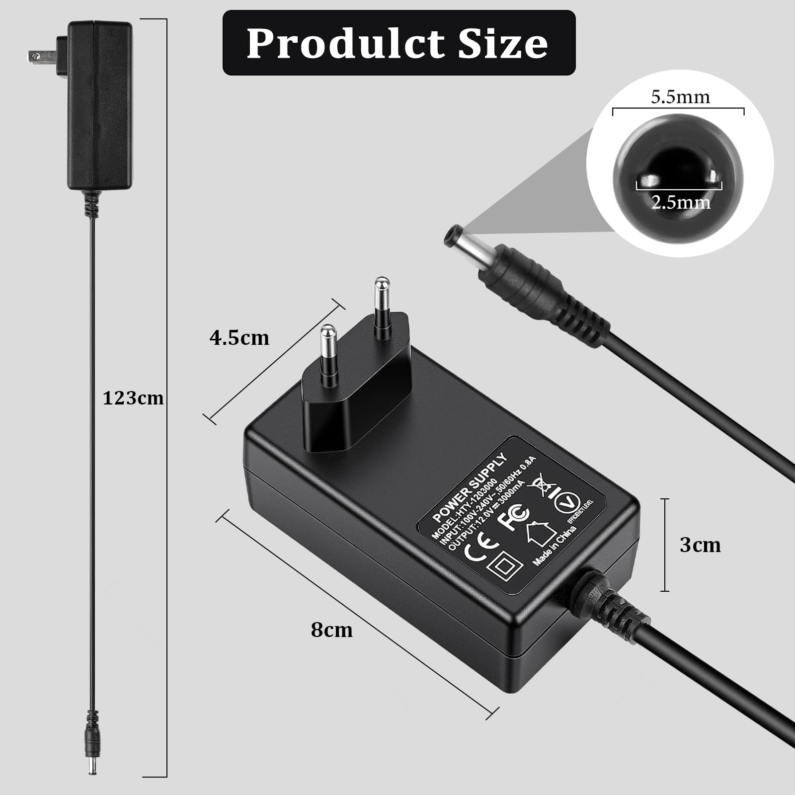 Alimentatore 36W 12V 3A – Spina UE – Convertitore AC/DC – 5,5 mm x 2,1 mm – per Strisce LED, Telecamere di Sorveglianza, DVR, Router, Amplificatori Audio – Protezione da Sovraccarico