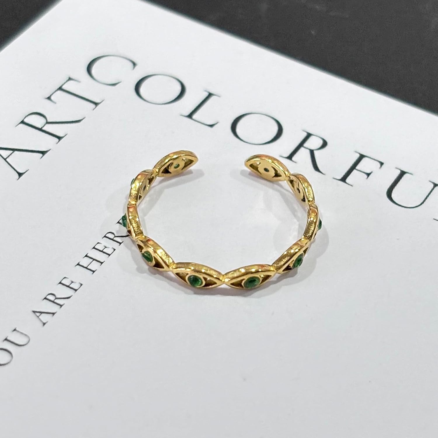 14K Gold Plated Evil Eye Rings for Women Open Adjustable Green Rhinestone Evil Eye Stacking Rings - Image 5