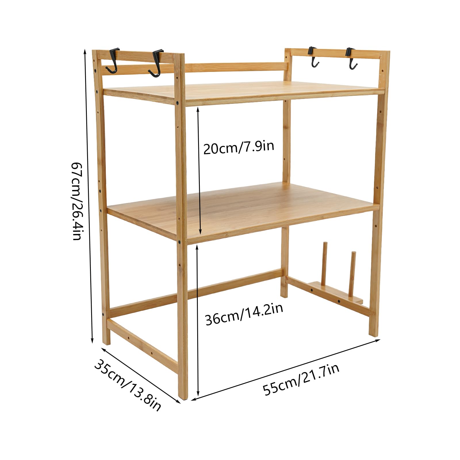Soporte para microondas de 2 niveles, de bambú, con 4 ganchos, 55 x 35 x 67 cm