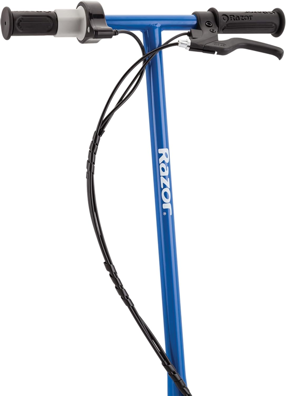 Close-up of the Razor Power Core E100 electric scooter's right handlebar with the twist-grip throttle labeled 'TWIST'.