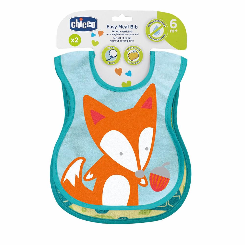 Chicco Set of 2 Bibs for Children's Food, Waterproof Newborn Bibs in Soft Cotton, Waterproof Back, Machine Washable, Good Fit