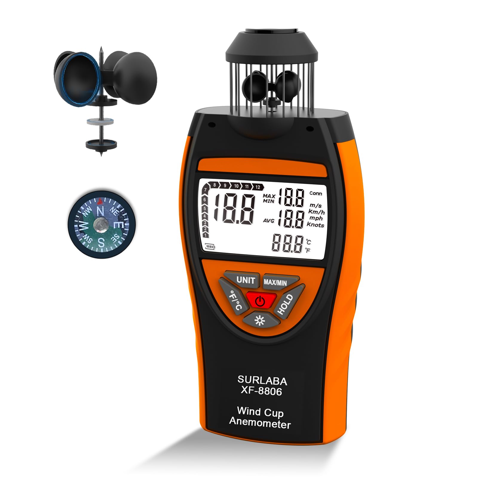 Anemometro a coppa del vento, 0,7-42 m/s, misuratore di velocità digitale XF-8806 con bussola, modalità di misurazione del vento e test della temperatura, misuratore del vento per HVAC, drone,
