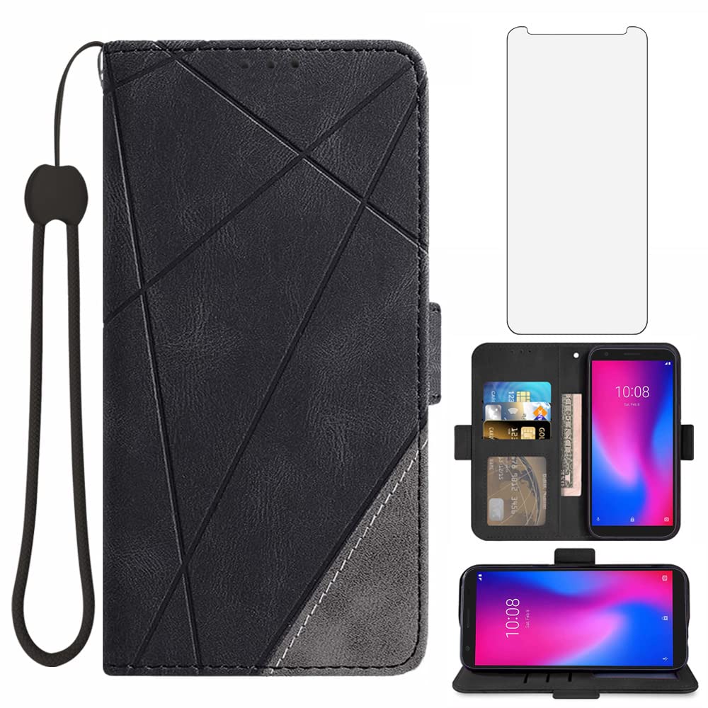 Asuwish Compatible with ZTE Avid 579 Z5156CC Wallet Case and Tempered Glass Screen Protector Leather Flip Card Holder Stand Cell Accessories Phone Cover for ZTE Blade A3 2020/A3 Joy Women Men Black