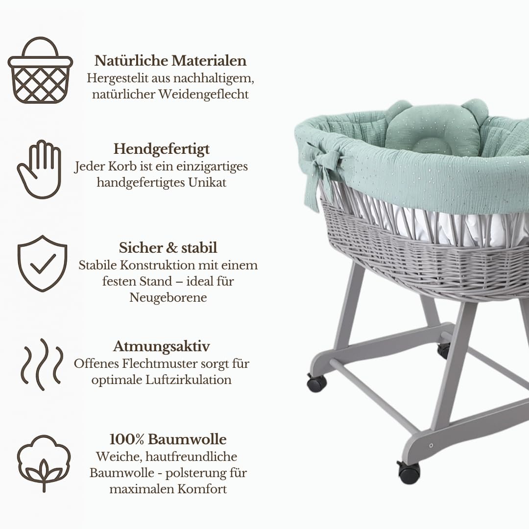 WIKLINOPOL Baby Stubenwagen – Komplettset mit Grauer Moseskorb, Matratze & Bettwäsche aus 100% Baumwolle in Khaki Gold– sicherer Schlafplatz mit Rollen & Bremse – Modell Amelia