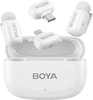 Boyamini Wireless Lavalier Microphone for iPhone/iPad Android Device with 2 Plugs&2 Ultra Mini Mics with 30H Usage, AI Voice Change, Lapel Microphone for Vlog, Streaming, TikTok, YouTube(White)