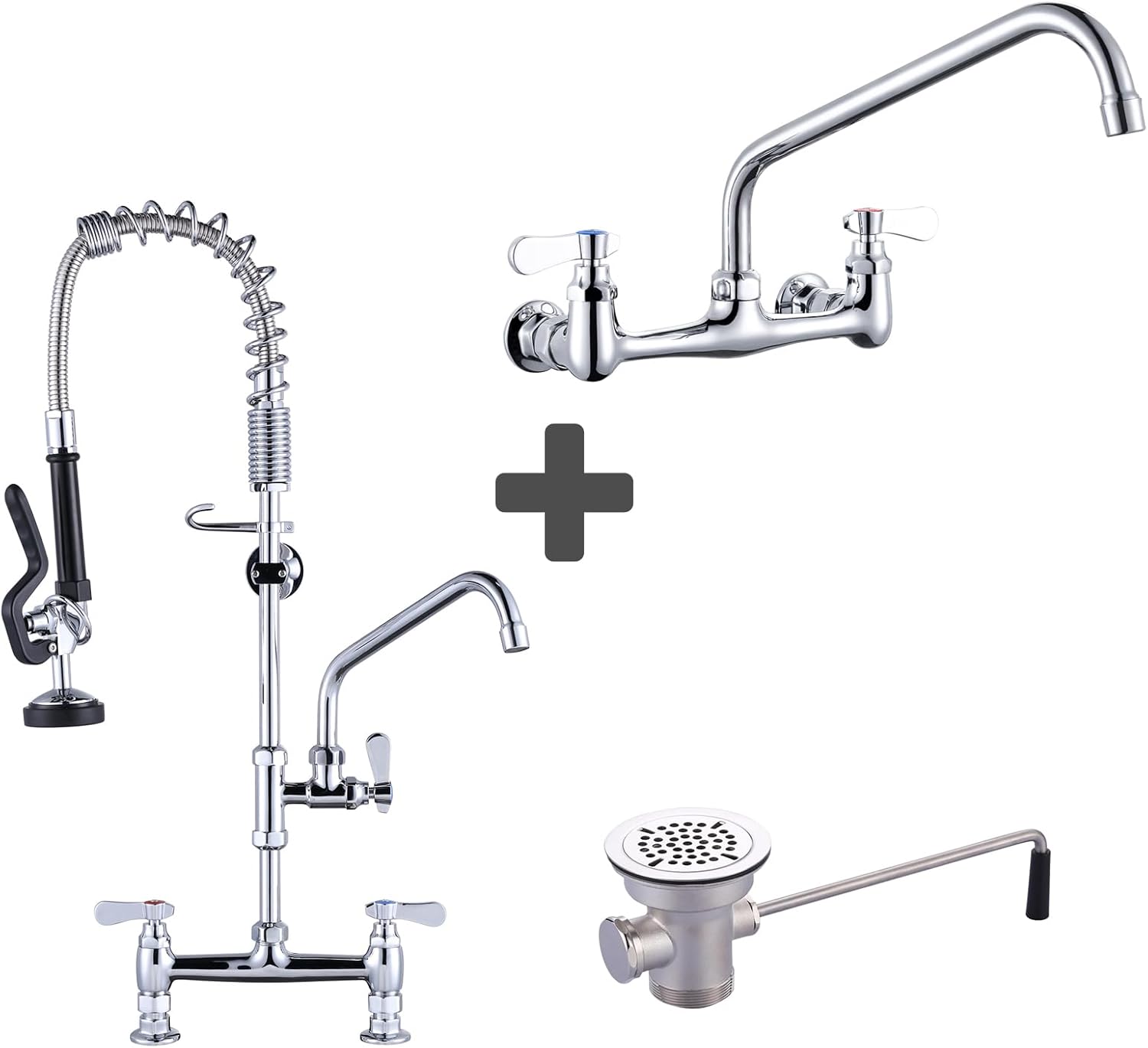 Commercial Sink Faucet with 12” Swivel Spout & iVIGA Commercial Kitchen Faucet Deck Mount with Pre-Rinse Sprayer 26" Height & iVIGA Commercial Sink Drain: 3-1/2" Sink Opening Waste Drain Valve