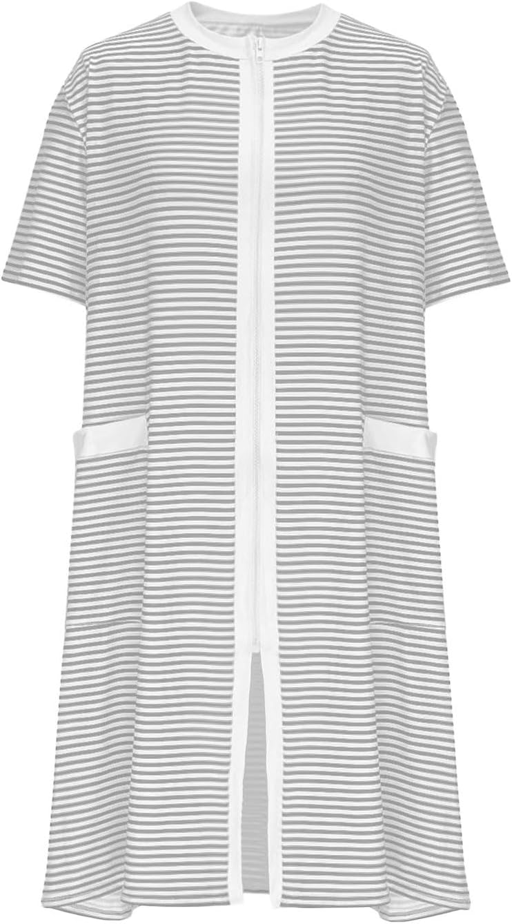 Zipper Front Striped Nightgown for Women Short Sleeve House Dress Crewneck Nightshirt Loose Sleepwear with Pockets