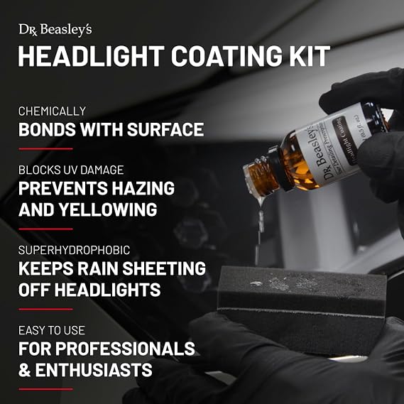 Dr. Beasley's Headlight Coating Kit for Auto - Hydrophobic Nano Ceramic Coating, Prevents Fogging and Hazing, UV Inhibitors, Easier Cleaning, Sheets Liquids, Blocks Contaminants