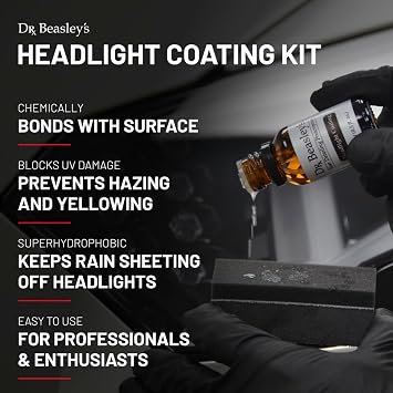 Dr. Beasley's Headlight Coating Kit for Auto - Hydrophobic Nano Ceramic Coating, Prevents Fogging and Hazing, UV Inhibitors, Easier Cleaning, Sheets Liquids, Blocks Contaminants