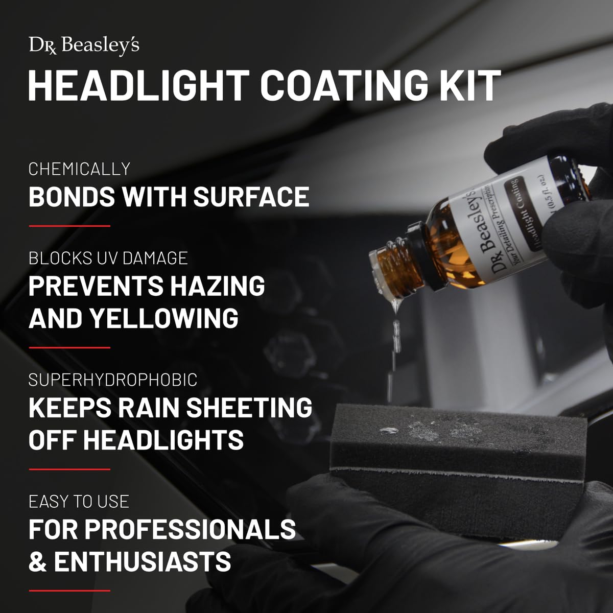 Dr. Beasley's Headlight Coating Kit for Auto - Hydrophobic Nano Ceramic Coating, Prevents Fogging and Hazing, UV Inhibitors, Easier Cleaning, Sheets Liquids, Blocks Contaminants