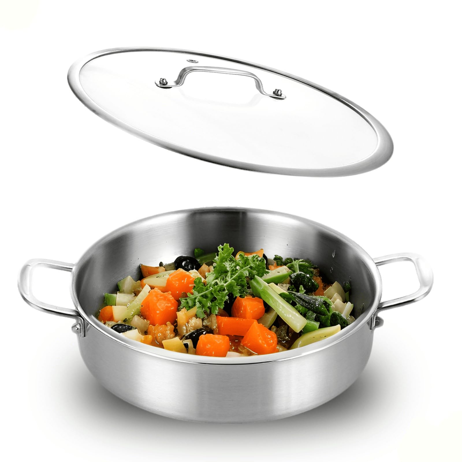 DELARLOCHEF Servierpfanne 24 cm: Dreilagige Edelstahl Pfanne,Tri-ply Stainless Steel Sauteuse,Schmorpfanne mit Deckel,Frying Pan Induction