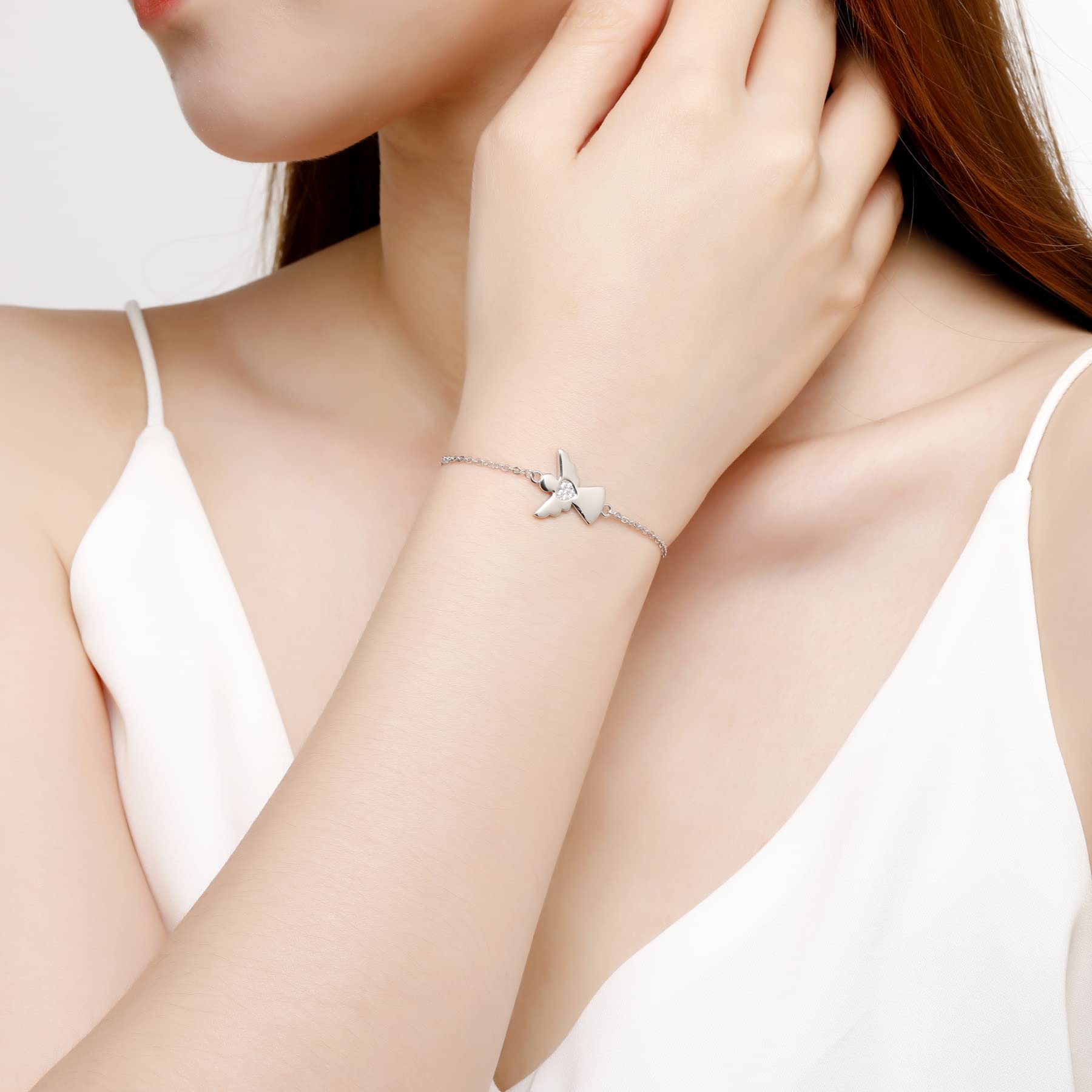 Jrêveinfini Pulsera de Ángel Guardián con Zirconitas Transparentes, Plata de Ley 925, Adecuada para Mujeres y Niñas