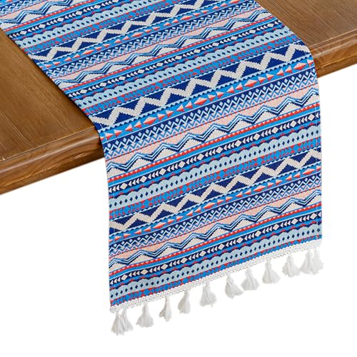 Bigqin Camino de Mesa, Bohemia Impresión Borlas Imitación Algodón y Lino Camino Mesa Decoración Cubierta para Mueble TV Mesa Centro Comedor Cocina Cafetería Hogar Interior Bar Decor Fiesta, 71'*12'