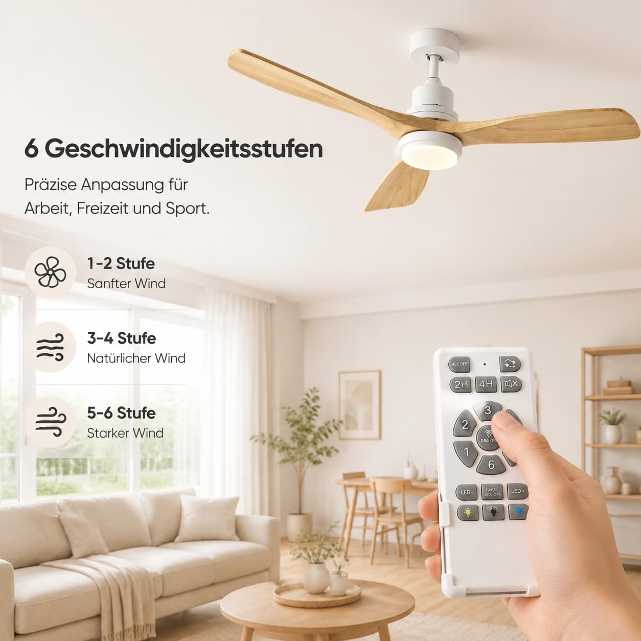 132 CM Deckenventilator mit Beleuchtung und Fernbedienung, Leise DC-Motor, 3 Blätter, 6 Geschwindigkeiten, Timer, 6 Geschwindigkeiten, Sommer Winterbetrieb für Schlafzimmer (Weiß)