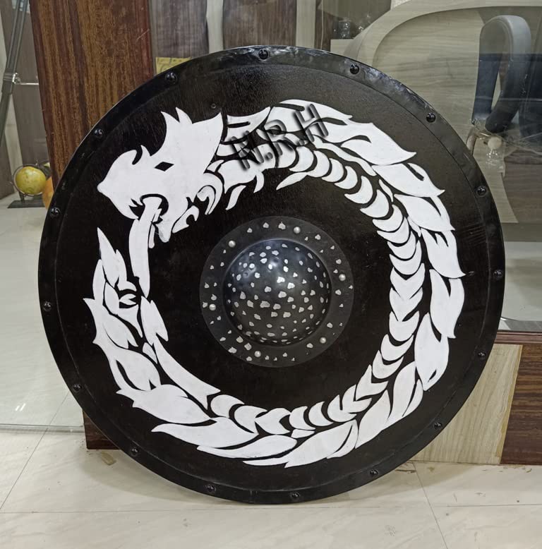 Nautical Replica Hub Viking Wooden Dragon Armor Round Shield Warrior Protector Role Play Shield (30 INCH, Black & White)