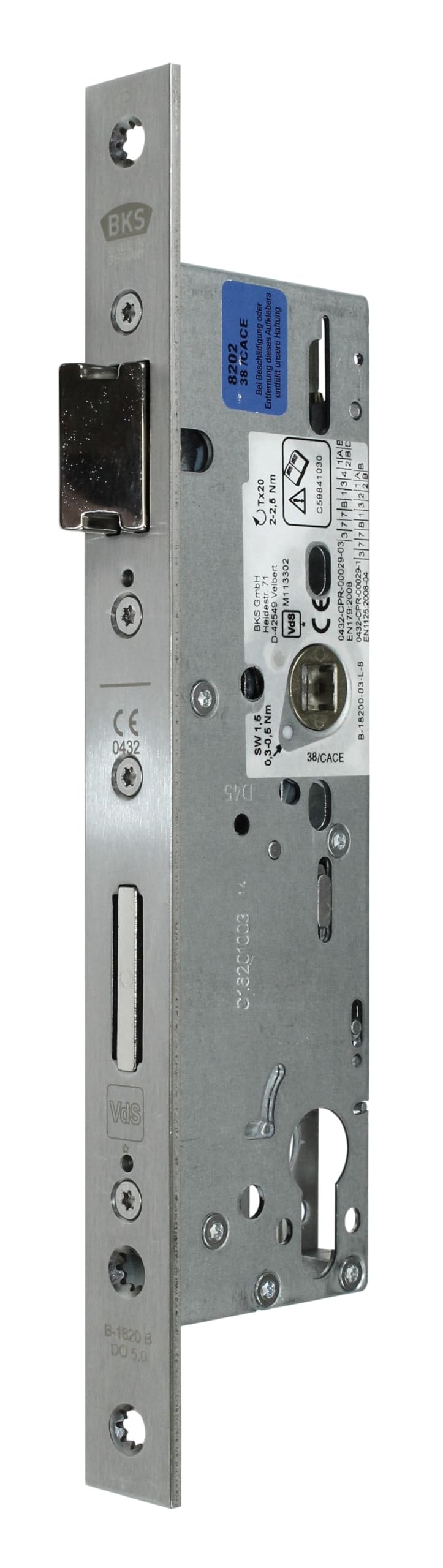 BKS Rohrrahmen Panikschloss Türschloss B-18200-03-L-8, Funktion B (einwärts/auswärts) mit geteilter Nuss, Dornmaß 45mm, Entfernung: 92mm, Stulp: 24x270mm, DIN Links/Rechts (Dornmass: 45mm)