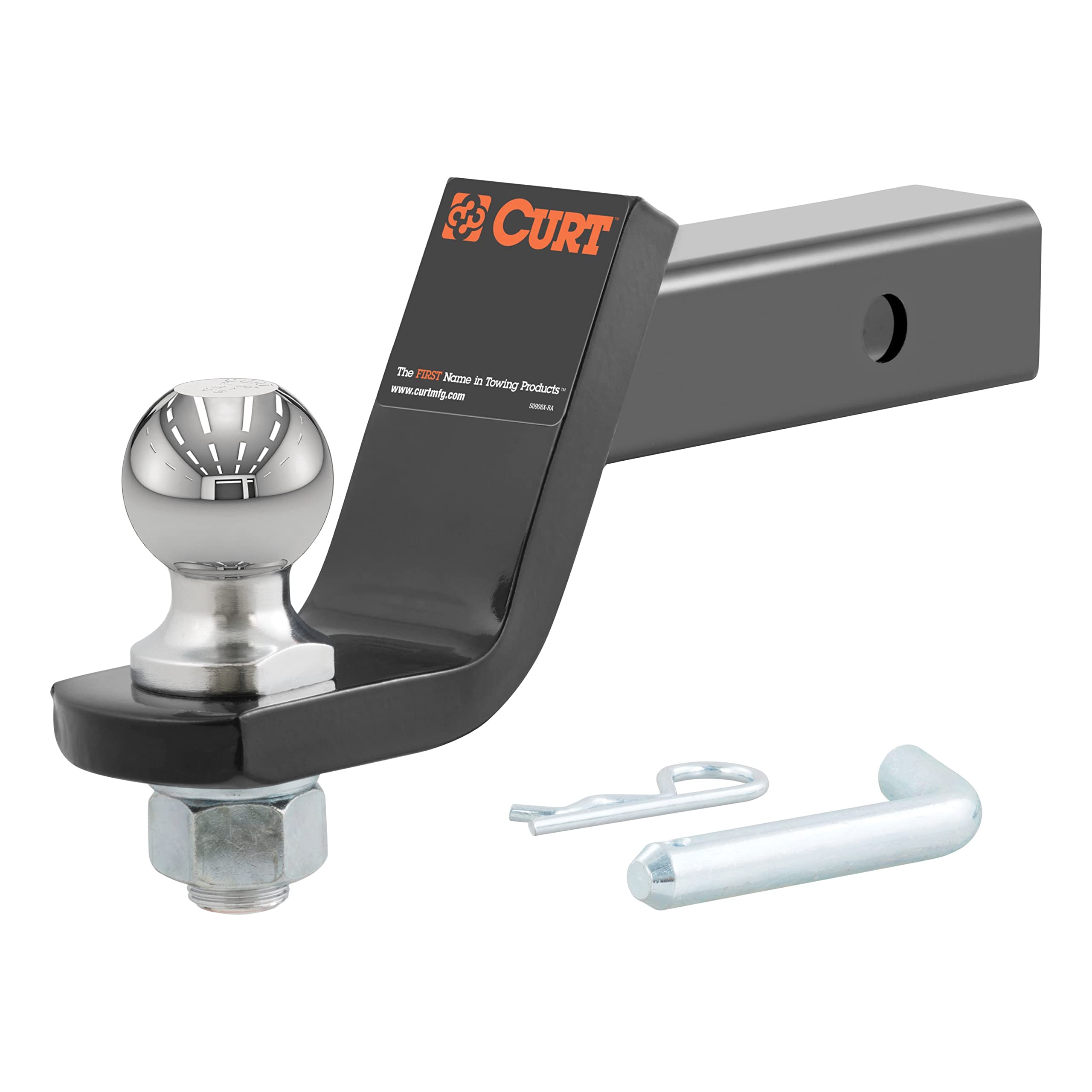 CURT 45056 Trailer Hitch Mount with 2-Inch Ball & Pin, Fits 2-In Receiver, 7,500 lbs, 4-Inch Drop, Gloss Black Powder Coat
