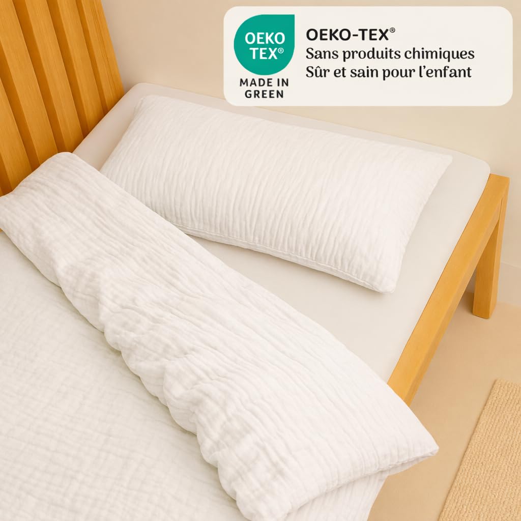 Drap Housse 80x160 cm + Housse de Couette (100% Mousseline Coton) 120x170cm + Taie Oreiller (100% Mousseline Coton) 40x60cm - Parure 3Pcs 80x160 cm - Douce et aérée (Blanc, 80 x 160 cm)