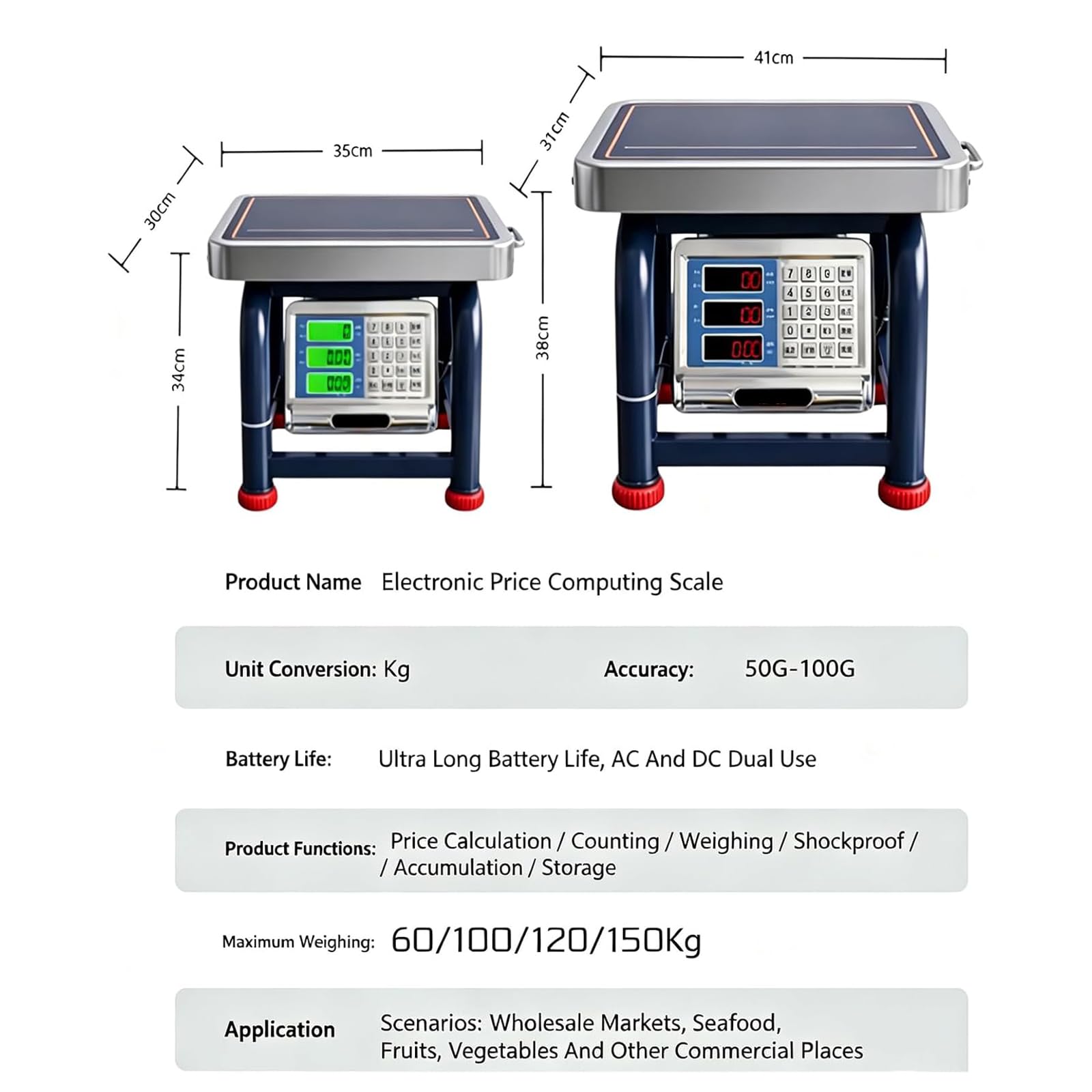 Báscula Digital Comercial De Sobremesa, Plataforma De Acero Inoxidable con Capacidad De 60-150 Kg, Funciones De Cálculo De Precio Y Tara, Precisión De 50 G-100 G; para Mercados Red 120 kg