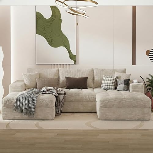 NAYA 106” Modular Sectional Sofa, Cloud Sectional Couch with Deep Seat, Modern Modular L-Shape Sofa Boneless Couch with Chaise for Living Room Bedroom (Beige, Cloudy U-Shaped Minimalist Sofa)