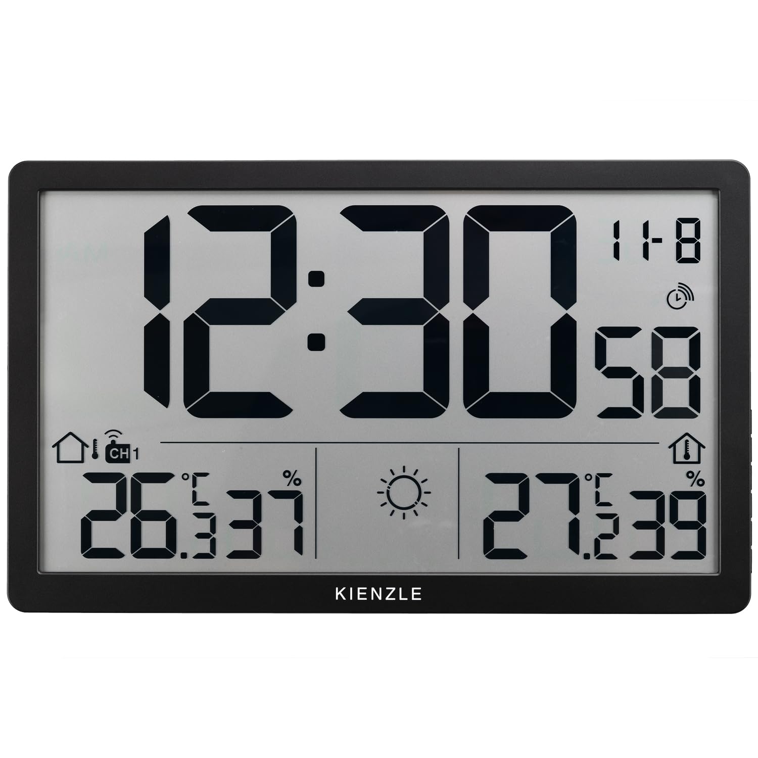 Kienzle Jumbo NEO LCD Wetter Wanduhr schwarz mit XXL Display Außensensor | Innen und Außentemperatur, Luftfeuchtigkeit, Wettervorhersage, Luftdruck, DCF Zeit, Wecker, Max Min Speicher, 80 m