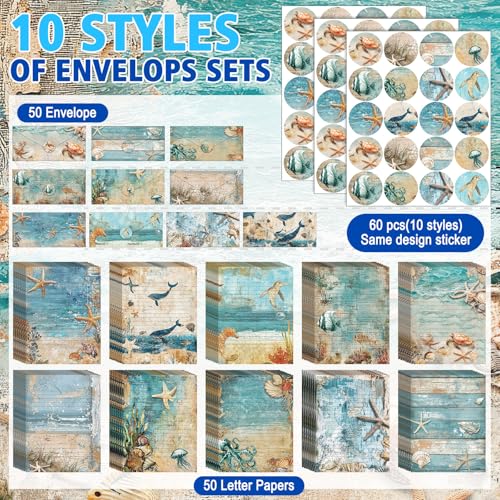 Image of TaoBary 160 Pcs Stationery Paper Bulk 50 Double Sided Stationery Papers with 50 Matching Envelopes and 60 Round Dot Sticker, 10 Design (Ocean,8.5 x 11 Inch)