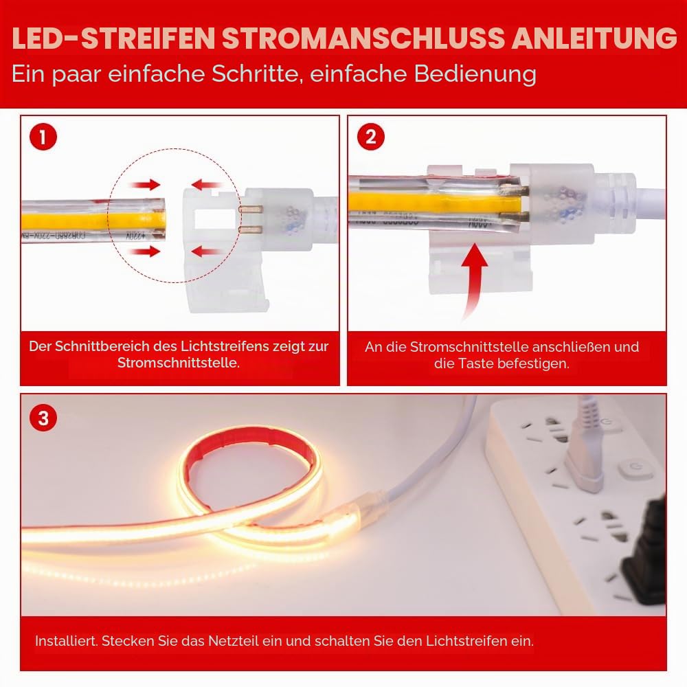 25m COB LED Band Selbstklebend, 220V 288LEDs/M FCOB LED Streifen, Superhell Warmweiß Flexibler COB LED Lichtband für Weihnachten, Halloween, Urlaub, Innendekoration und Beleuchtung