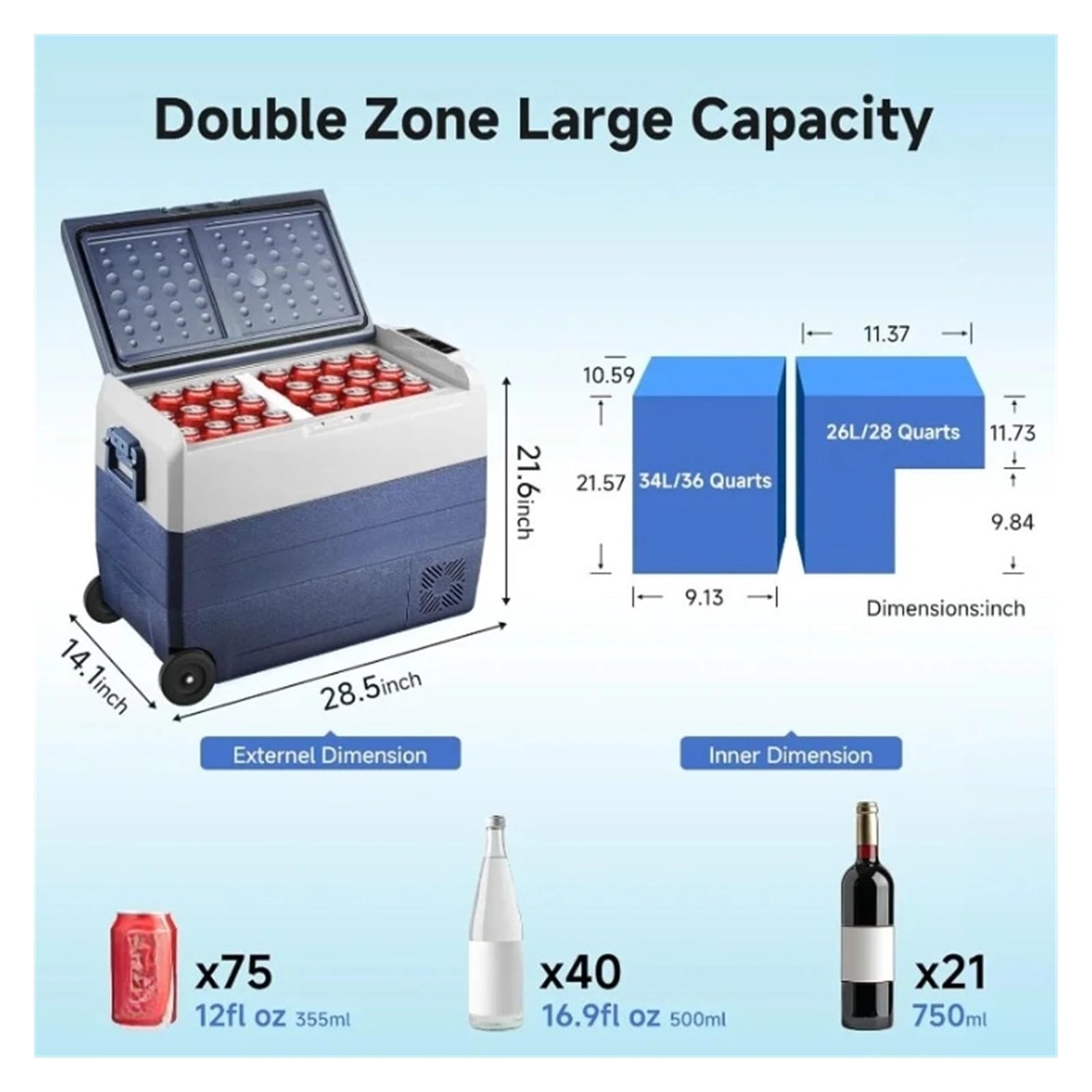 Refrigerador portátil de 12 voltios con congelador, refrigerador for Auto con Control de Doble Zona y aplicación, 64 Cuartos (60 L), compresor eléctrico for autocaravanas (4-68 ℉)