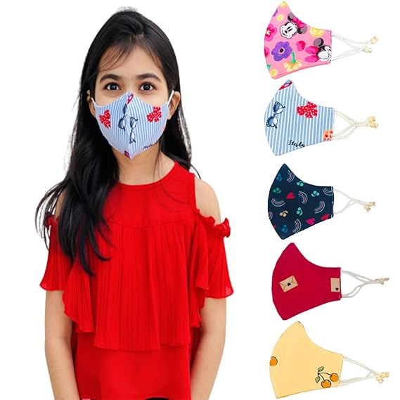 NewBR 3 Layer Cotton Mask For Size (3-7) OR (7-12) Year Old Kids Mask for Boys Girls Children Mask Gift Washable & Reusable Adjustable Ear Loops and Ear Saver Strap .(2)