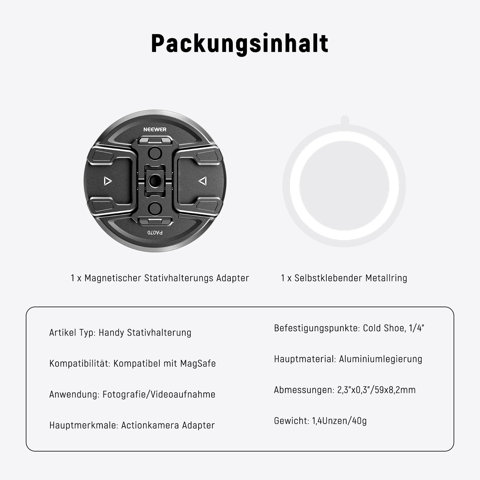 NEEWER Magnetische Handy Stativ Halterung mit Action Kamera Adapter, Cold Shoe mit Anti Off Pin 1/4Gewinde, kompatibel mit MagSafe iPhone 16 15 14 13 12 Serie DJI Schnellwechsel Adapter Mount, PA070