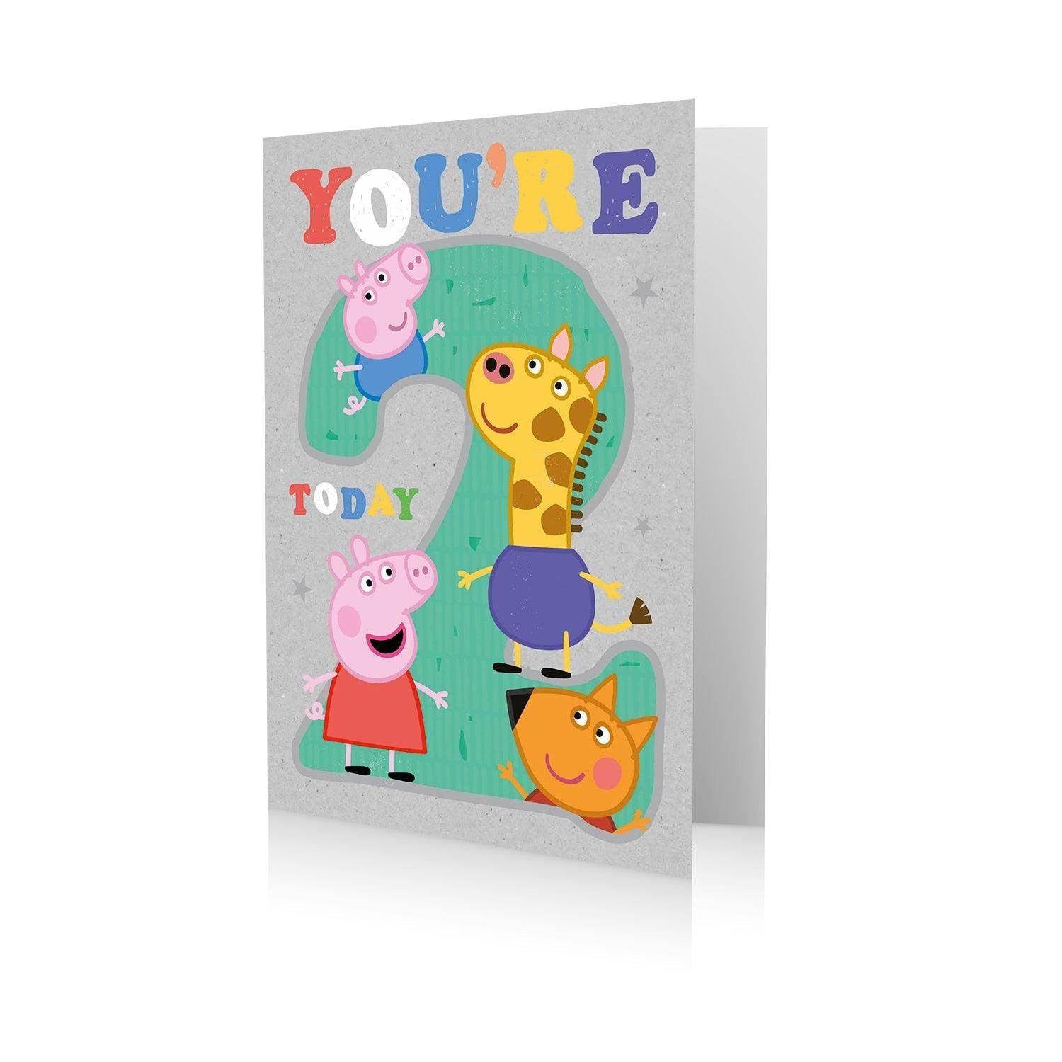 Peppa Pig 2nd Birthday Card for Age 2, Peppa & George Design, Greeting Card (Grey)