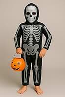 Fantasia Infantil Esqueleto Caveira Criança Halloween Unissex Roupa Mascara Luxo Balde de Abóbora