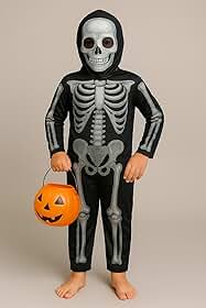 Fantasia Infantil Esqueleto Caveira Criança Halloween Unissex Roupa Mascara Luxo Balde de Abóbora