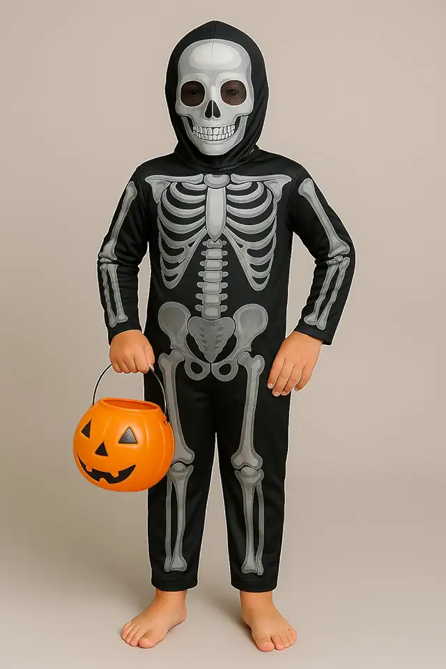 Fantasia Infantil Esqueleto Caveira Criança Halloween Unissex Roupa Mascara Luxo Balde de Abóbora