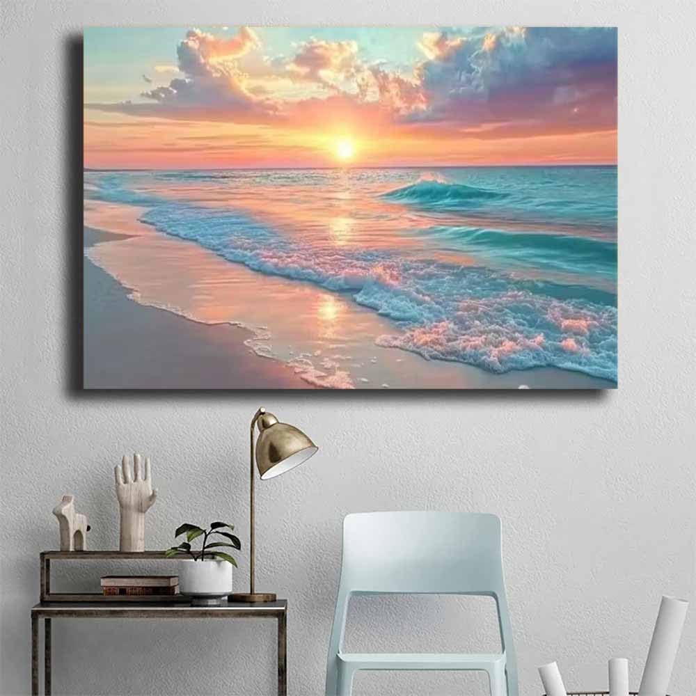 QUSAAOU Wandbilder Wohnzimmer Sonnenuntergang Ozean Welle Sandstrand Meer Strand Wand Deko Vlies Leinwand Bilder Wanddeko Wohnzimmer Schlafzimmer Kunstdrucke Panoramabild(Pink)-30x45cm1 Gerahmt