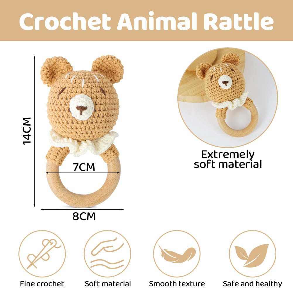 Vicloon Wooden Baby Rattle, Crochet Animals Soft Rattle Sensory Toys - Image 2