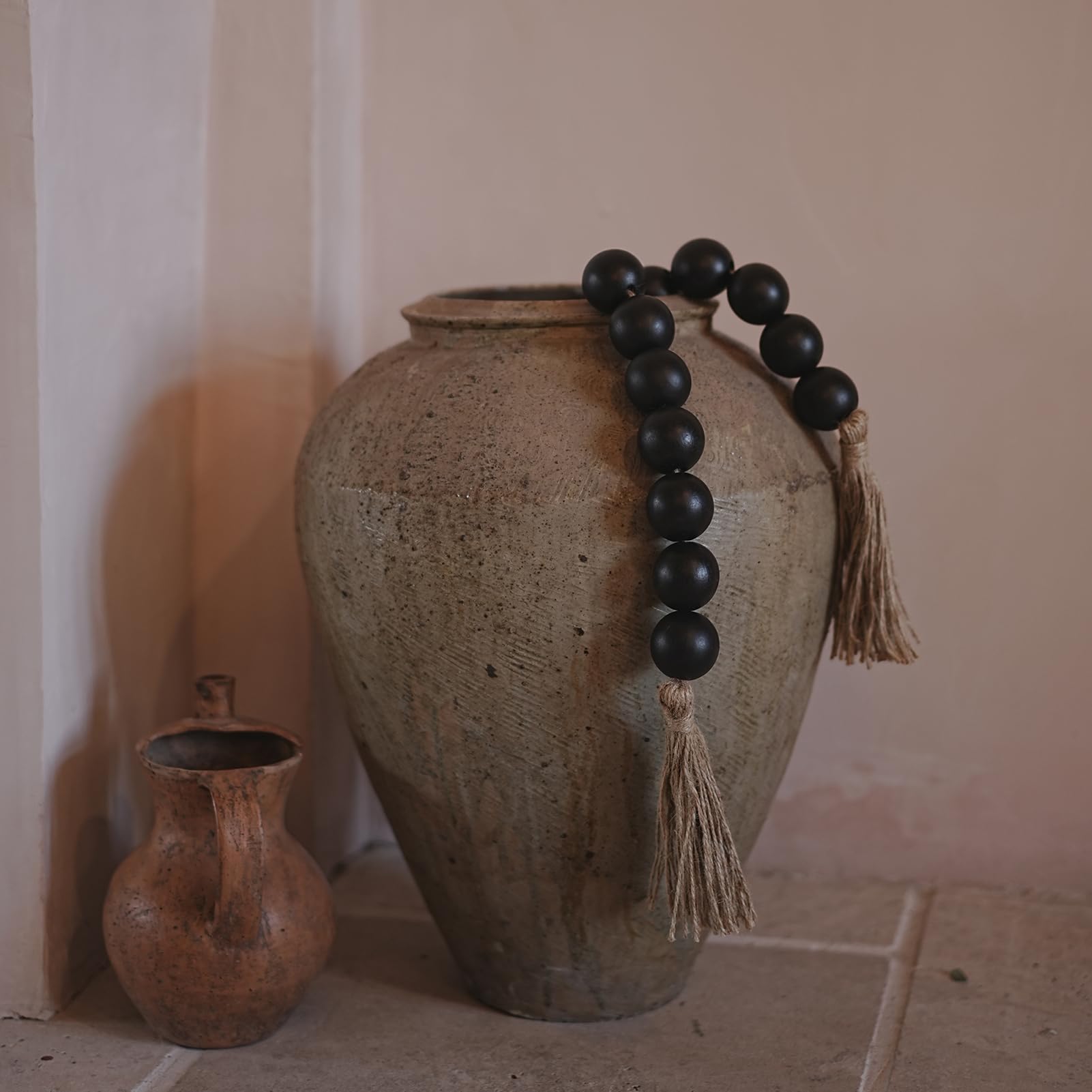 RUIRUICO Extra Large Wood Bead Garland – 1.6" Diameter Beads, 58" Long With Tassels, Boho Farmhouse Shelf Decor