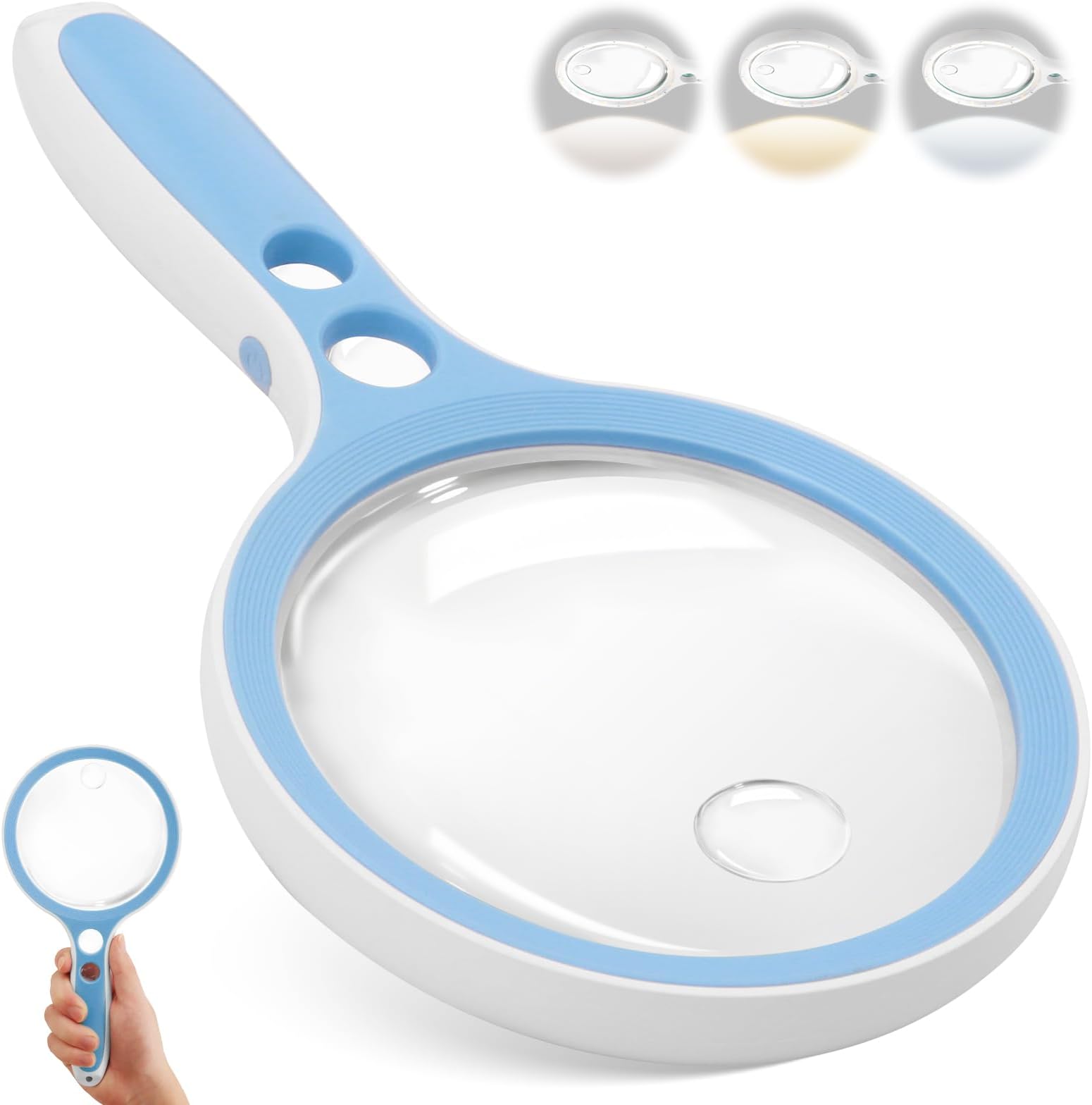 Large Magnifying Glass with Light,10X 25X 45X 60X Handheld Illuminated Lighted Magnifier, 5in Page Reading Magnifier with 12 LED Lights for Seniors Reading, Coins, Jewelry, Close Work - Blue | 5-inch large lens with built-in LED light, handheld magnifier for seniors reading, coins and close work
