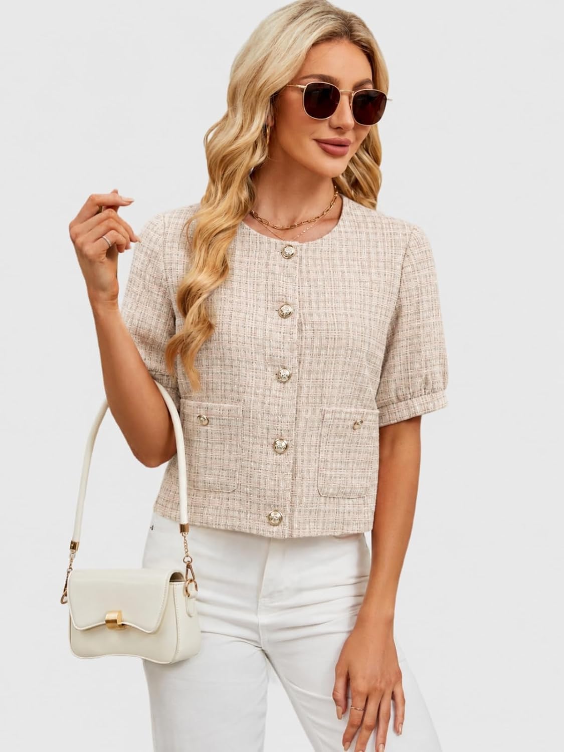 LifeShe Puff Sleeve Tweed Cropped Blazer - Image 6