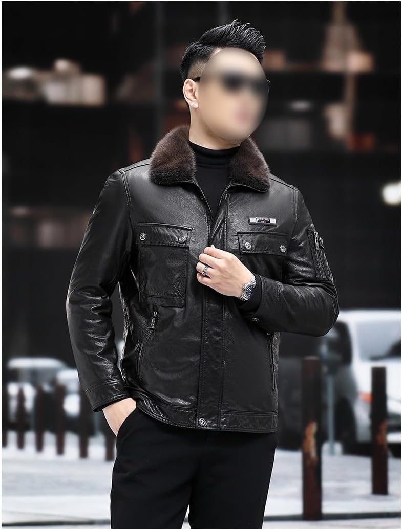 Men's Down Jacket Thickened Leather Outerwear Slim Fit Casual PU Black