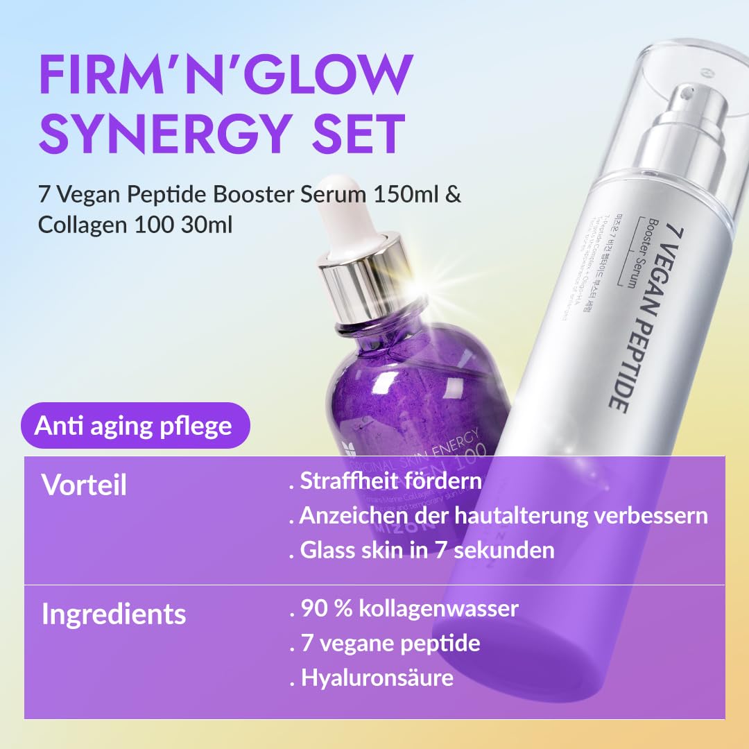 [MIZON] FIRM'N'GLOW COLLAGEN SYNERGY SET - 7 Vegan Peptide Booster Serum 150ml + Collagen 100 Ampoule 30ml, Korean Skincare Routine für Straffheit, Elastizität, Feuchtigkeit & feine Linien