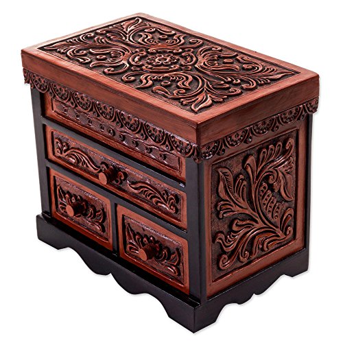 Novica Cedar And Leather Jewelry Box Wood With Mirror From Peru Brown Woodleather Boxes Leaf Tree Colonial [6.25In H X 7.5In W X 4.7In D] 'Symbolic Leaves' #TOP18
