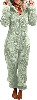 Jumpsuit Damen Winter Pyjama – Teddy Fleece Overall, Kuscheliger Hausanzug Lang