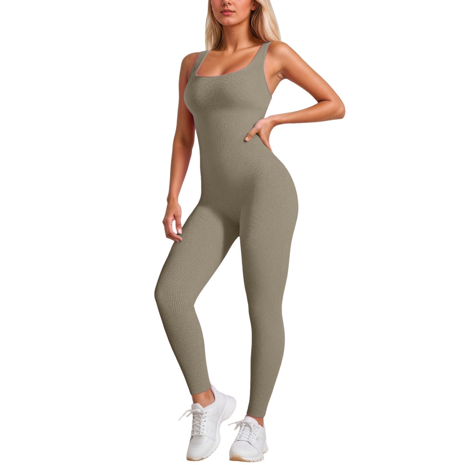 Foweknow Body Women's Stretchy Bodysuit Athletic One-Piece Fitness Bodycon for Gym Yoga Workout Playsuits Club Outfit Comfortable Romper Jumpsuit Shapewear Seamless Sleeveless Tank Romper, khaki, S