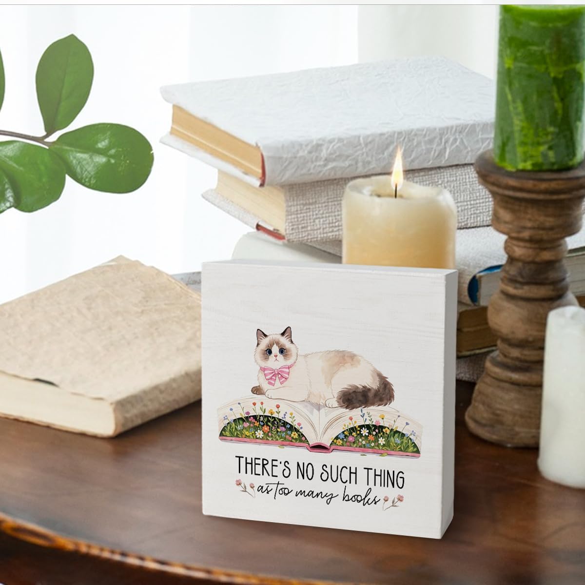 Funny Cute Cat Book Desk Decor, Cat Lover Gifts for Women Men, Kawaii Cat Box Block Sign for Teen Girls & Women, Funny Office Decor,There's No Such Thing As Too Many Books,5x5 Inch image 5