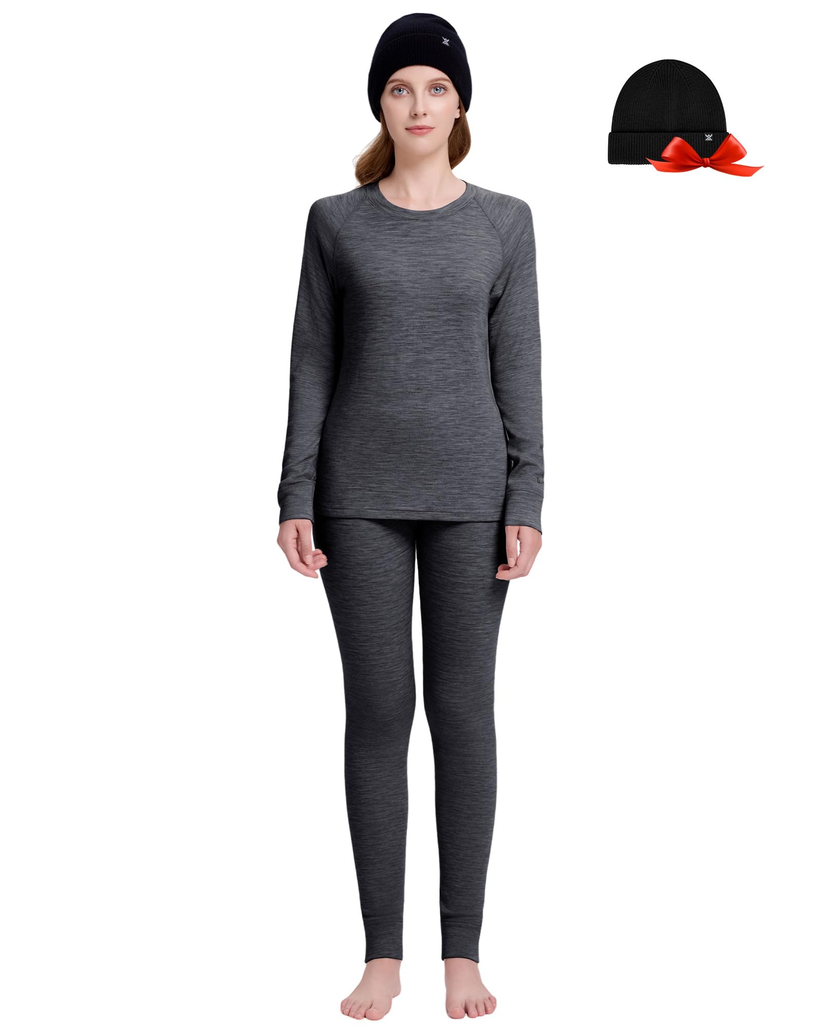 Damen-Unterwäschesets aus 100 % Merinowolle, leichte und mittelschwere Thermo-Unterwäsche, Geschenk-Set mit Wollmütze