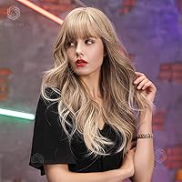 Vista 131 de HAIRCUBE Peluca de color marrón a rubio con flequillo para mujer, peluca de cabello largo ondulado marrón y rubio, pelucas sintéticas rizadas
