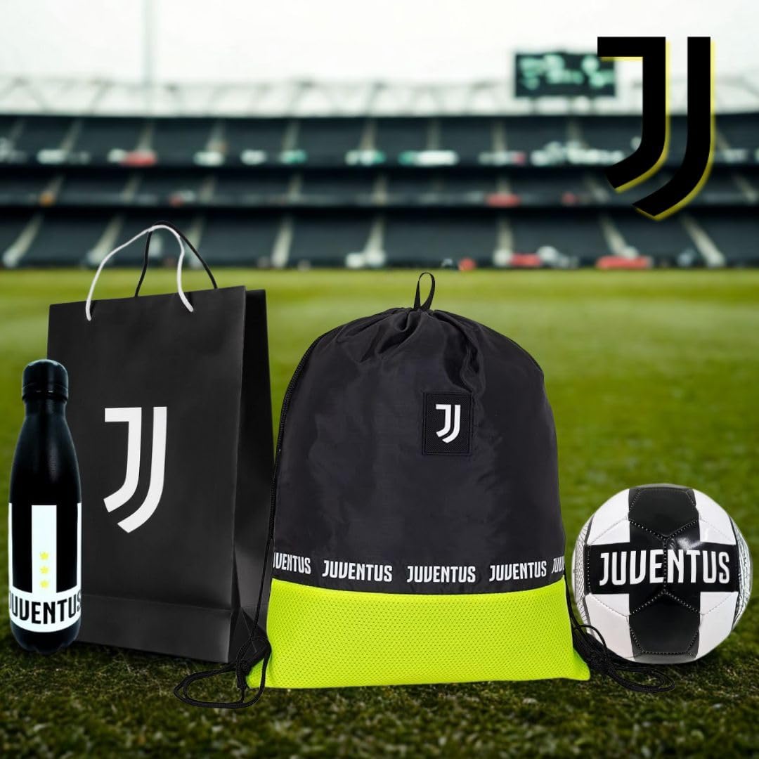 JUVENTUS Set Regalo con Borraccia 500ml, Sacca Sport con Coulisse, Pallone da Calcio, Nero e Bianco